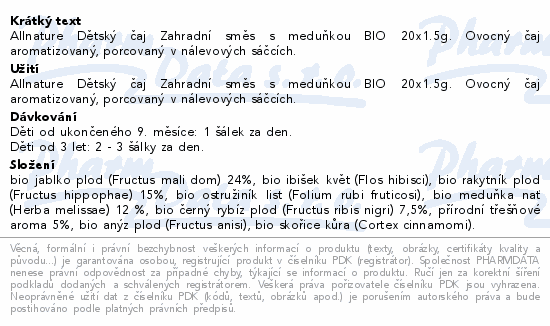 Informace o produktu:<br> Allnature Dětský čaj Zahradní směs s meduňkou BIO 20x1.5g 9M+