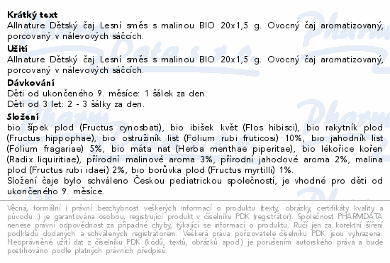 Informace o produktu:<br> Allnature Dětský čaj Lesní směs s malinou BIO 20x1.5g 9M+