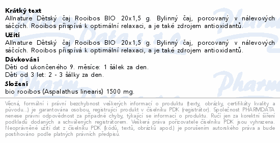 Informace o produktu:<br> Allnature Dětský čaj Rooibos BIO 20x1.5g 9M+